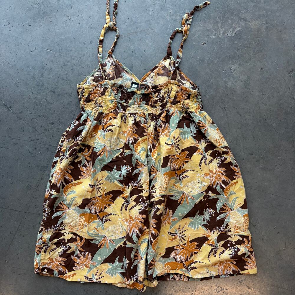 Vintage Y2k Yellow Brown Palm Floral Tropical Summer Cami Tank Top Dress Medium - Picture 2 of 5